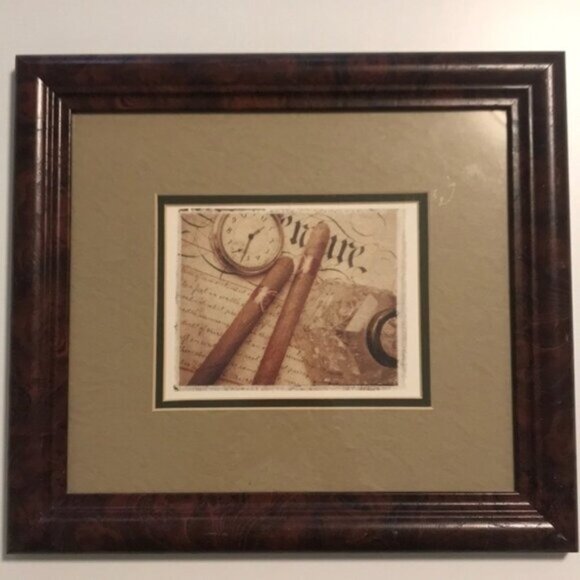 🕰️💼 Vintage-Inspired Framed Wall Art | Cigar & Pocket Watch Print - Picture 1 of 8
